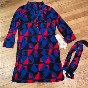 Stretch knit print dress pull-on w belt tie